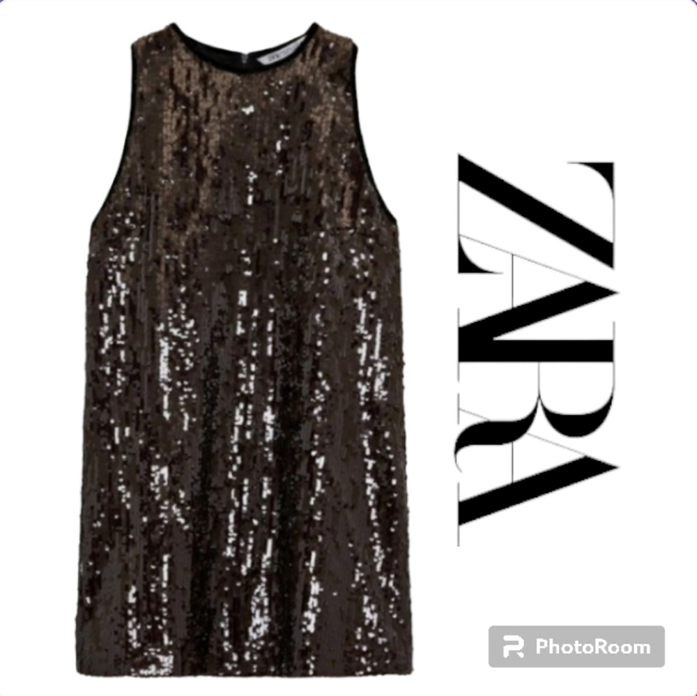 ZARA Sequin Limited Edition Chocolate Brown Mini Dress - Picture 4 of 11